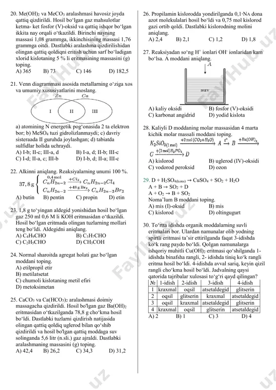 d sulfid bilan sulfat kislota ishtirokida reaksiyaga kirishganda 0,05 mol oddiy modda hosil bo‘ldi. reaksiyaga kirishgan tuzning massasini (g) toping. a) 15,8 b) 6,32 c) 3,16 d) 14,7 12. kalsiy xlorid suyuqlanmasi elektroliz qilinganda 24 g kalsiy ajralib chiqdi. xuddi shuncha faradey tok bilan mo‘l miqdordagi aluminiy xlorid suyuqlanmasi elektroliz qilinsa, necha mol aluminiy olinadi? a) 0,3 b) 0,6 c) 0,4 d) 1,2 13. asosiy tarkibida marganes atomi bo‘lgan moddalarni tanlang. a) malaxit, xalkozin b) piroluzit, braunit c) lyapis, argentit d) lirnonit, gematit 14. litiy va magniy aralashmasiga kislorod ta’sir ettirilganda qattiq modda massasi ikki marta ortdi. dastlabki aralashmada 2,4 g magniy bor bo‘lsa, necha mol litiy bo‘lgan? a) 0,8 b) 0,1 c) 0,4 d) 0,6 15. temir ikki qismga ajratildi va birinchi qismi qaynoq konsentrlangan, ikkinchi qismi suyultirilgan sulfat kislotada eritildi. ajralgan gazlar aralashmasining metanga nisbatan zichligi 0,9 ga teng. temirning qancha qismi temir (ii) sulfat hosil qilgan? a) …