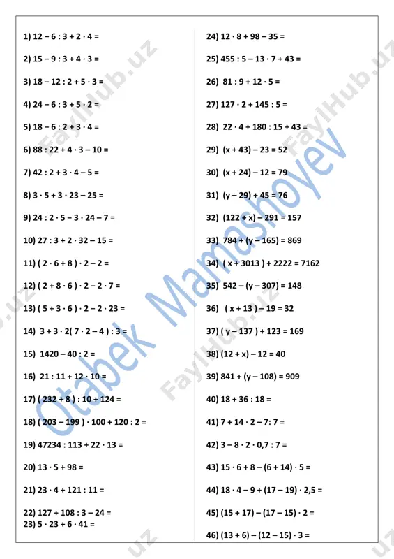 0,000000001= 10) 0,0000000001= 11) 0,00000000001= 12) 0,000000000001= 13) 0,0000000000001= 14) 0,0000000000000001= 1) 10= 2) 100= 3) 1000= 4) 10000= 5) 100000= 6) 1000000= 7) 10000000= 8) 100000000= 9) 1000000000= 10) 10000000000= 11) 100000000000= 12) 1000000000000= 13) 10000000000000= 14) 100000000000000= 15) 1000000000000000= 16) 10000000000000000= praporsiya amali bajarish 1. 6 ta qalam 1500 so’m bo’lsa, 18 ta qalam necha so’m? a) 9000 b)6000 c)4500 d)7500 2. 8 ta olma 2000 bo’lsa, 14 ta olma necha so’m? a)2800 b)3500 c)4200 d)3800 3. 7 ta daftar 3500 so’m bo’lsa, nechta daftar 12500 so’m? a)10 b)15 c)20 d)25 4. 9 ta banan 11700 so’m bo’lsa, nechta banan 52000 so’m? a)35 b)40 c)45 d)50 5. 45 litr suv bilan 25 ta idishni to’ldirish mumkin. 81 litr suv bilan nechta idishni to’ldirish mumkin? a)40 b)45 c)50 d)55 6. 80 litr suv bilan 32 ta idishni to’ldirish mumkin. 150 litr suv bilan nechta idishni to’ldirish mumkin? a)40 b)50 …