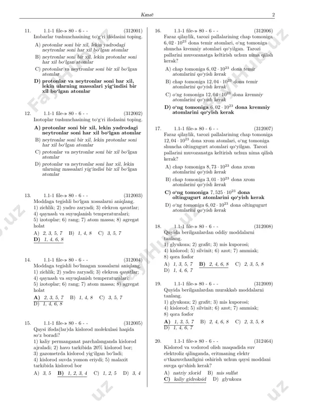 maydi? 1) vodorod oksid (simob(ii) sulfat ishtirokida); 2) vodorod oksid (kadmiy(ii) gidroksid ishtirokida); 3) bromli suv; 4) kaliy permanganat (neytral sharoitda); 5) vodorod (nikel(iii) gidroksid ishtirokida); 6) kumush(i) oksidning ammiakli eritmasi. a) 2, 5 b) 1, 3, 4, 6 c) 2, 5, 6 d) 1, 3, 4 1607. 4.1-2 file-» 80 - 57 - - 1 (711390) mis(ii) sulfat qaysi moddalar bilan reaksiyaga kirishadi? 1) sio2; 2) kno3; 3) ba(no3)2; 4) fe; 5) h2; 6) koh a) 1, 3, 4 b) 2, 3, 6 c) 3, 4, 6 d) 4, 5, 6 1608. 4.1-2 file-» 80 - 57 - - 1 (711391) berilgan moddalarning qaysilari xlorid kislota bilan reaksiyaga kirishadi? 1) nacl; 2) zn(oh)2; 3) cao; 4) agno3; 5) h3po4; 6) h2so4; 7) k2co3 a) 1, 2, 3 b) 2, 4, 5, 6 c) 2, 3, 4, 7 d) 1, 4, 6 1609. 4.1-2 file-» 80 - 57 - - …