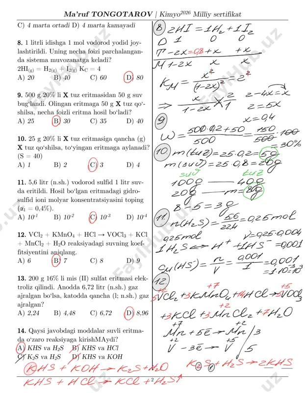= 0,4%). a) 10-1 b) 10-2 c) 10-3 d) 10-4 12. vcl2 + kmno4 + hcl → vocl3 + kcl + mncl2 + h2o reaksiyadagi suvning koef- fitsiyentini aniqlang. a) 6 b) 7 c) 8 d) 9 13. 200 g 16% li mis (ii) sulfat eritmasi elek- troliz qilindi. anodda 6,72 litr (n.sh.) gaz ajralgan bo‘lsa, katodda qancha (l; n.sh.) gaz ajralgan? a) 2,24 b) 4,48 c) 6,72 d) 8,96 14. qaysi javobdagi moddalar suvli eritma- da o‘zaro reaksiyaga kirishmaydi? a) khs va h2s b) khs va hcl c) k2s va h2s d) khs va koh szfii =lhz+liz pr 1 o o gsht"2509+ i + i o km tbde-s 2 al g-chx-x *t "2xaf gbx o f. x-f,4 rbvo-bve-ĸo ezof 10.m(tuz)- 25-ya2-ob8 mlsud) -25.9,8-20o 8 sud euz go08-teovvgod 9-5-38 o no nehzs )=-235,0-0,25mol eg5tov afbfoon ih2seyh+-ihs - =f,00-1 o cul 4sj--=80-=-9,001=ll0=z10z 1g. te nb t2 57/&.+3 kl/noi+4ns+t/0d, o +zĸs+zlіysl:++h:0 yo? …