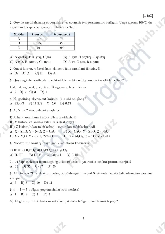 mini s elektronlar tashkil qiladi? a) 40 b) 60 c) 50 d) 65 13. quyidagi idishlarga i idishga suv , ii idishga naoh qo‘shilgandan so‘ng, idishlardagi ph qiymati dastlabkiga nisbatan qanday o‘zgaradi? a) i idish – ortadi; ii-idish – ortadi b) i idish – kamayadi; ii-idish – ortadi c) i idish – ortadi; ii-idish – kamayadi d) i idish – kamayadi; ii-idish – kamayadi 14. kerakli sharoitlarda qaysi ta’sirlashuv(lar) natijasida suvda erimaydigan modda hosil bo‘ladi? a) faqat iii b) i, ii, iv c) ii, iii, iv, v d) i, iii, iv 15. xlorit kislota molekulasida sp3 orbitallarida nechta electron harakat qiladi? a) 9 b) 12 c) 16 d) 8 [1,5 ball] 16. ayni hajmda olingan x2 va y2 gazlari o‘rtasidagi reaksiya natijasida xy2 moddasi hosil bo‘ladi. ortib qolgan gazni qayta reaksiyaga kirishishi uchun yana 10 litr boshqa gazdan kerak bo‘lsa, boshlang‘ich aralashmani hajmini hisoblang. a) 10 b) 20 c) 40 …