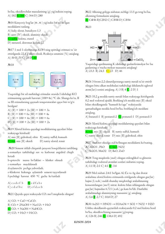 a uglevodorod ekanligi ma‟lum bo„lsa, x1 va x3 moddalarning nisbiy molekular massalari yig„indisini aniqlang. c6h12o6 𝒕𝟎 → x1 𝒔𝒑𝒊𝒓𝒕𝒍𝒊 𝒃𝒊𝒋𝒈′𝒊𝒔𝒉 → x1 𝒕𝟎>𝟏𝟒𝟎𝟎𝑪 ;𝑯𝟐𝑺𝑶𝟒 → x2 +𝑯𝑩𝒓 → x3 +𝑵𝒂 → x4 a) 86 b) 169 c) 147 d) 155 №9 to„kilgan simobni tezda zararsizlantirishning oddiy usullaridan biri − bu simob to„kilgan joyga yod eritmasini sepish (2hg + i2 = hg2i2). 0,015 mol simobni zararsizlantirish uchun necha gramm 5 %li yod eritmasi kerak? (ar(hg)=201) a) 50,8 b) 1,905 c) 76,2 d) 38,1 №10 asosli tuz hosil qilishi mumkin bo„lgan gidroksidni ko„rsating. a) seziy gidroksid b) aluminiy gidroksid c) kaliy gidroksid d) litiy gidroksid №11 . yuqoridagi diagramma orqali x, y va z moddalarni mos ravishda aniqlang. a) arenlar, alkinlar, to‟yingan uglevodorodlar b) alkinlar, arenlar, to‟yingan uglevodorodlar c) to‟yingan uglevodorodlar, arenlar, alkinlar d) to‟yingan uglevodorodlar, alkinlar, arenlar №12 quyida berilgan electron tuzilish qaysi elementga tegishli? a) c b) ge c) si …