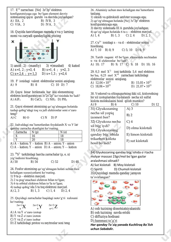 ta beshburchak, 12 ta oltiburchak, 90 ta atom d) 12 ta beshburchak, 20 ta oltiburchak, 80 ta atom 13. cxhy ning to ‘liq yonishi uchun 0,8 mol kislorod sarflanib, 10,8 g suv hosil bo‘ldi. cxhy ning molar massasini ( g–mol ) hisoblang. a) 72 b) 58 c) 70 d) 56 14. ekvimolar nisbatda olingan x2 va y2 reaksiyasidan x2y3 hosil bo‘lib, 2 mol modda ortib qoldi. bunga ko‘ra necha mol x2y3 olingan? a) 2 b) 4 c) 3 d) 1 15. tarkibida φ (n2) = 75% bo‘lgan co2 va n2 dan iborat 8 g aralashma hajmini (l, n.sh.) toping. a) 8,4 b) 6,72 c) 7,84 d) 5,6 16. 63 g zn(no3)2 ⦁ nn2o kristallogidrati doimiy massaga qadar qizdirilganda uning massasi 16,2 g ga qadar kamaydi. n ning qiymatini toping. a) 5 b) 4 c) 7 d) 6 qashqadaryo viloyati koson tumani coursera o`quv 17. e +2 zarrachasi [ne] 3s 2 …
