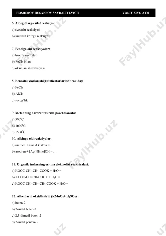 u reaksiya yordamida etil spirtining suvdagi juda kam miqdorini ham aniqlash mumkin. c2h5oh + naoh + j2 = … 18. metil spirtini olish: ch4 +h2o → … (850 ⁰c, ni) ch4 + co2 →… (850 ⁰c, ni) co + 2h2 → … (600 0c, 500 atm, zno +cr2o3) ilm xazinadir. uning kaliti so’rashdir. hoshimov husanboy saydaliyevich vodiy ziyo atm