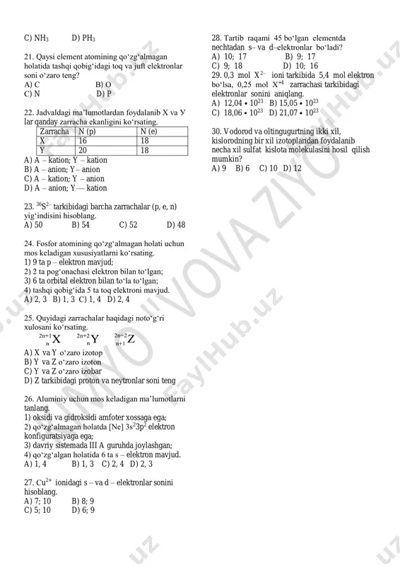 bunga ko‘ra necha mol x2y3 olingan? a) 2 b) 4 c) 3 d) 1 15. tarkibida φ (n2) = 75% bo‘lgan co2 va n2 dan iborat 8 g aralashma hajmini (l, n.sh.) toping. a) 8,4 b) 6,72 c) 7,84 d) 5,6 16. 63 g zn(no3)2 ⦁ nn2o kristallogidrati doimiy massaga qadar qizdirilganda uning massasi 16,2 g ga qadar kamaydi. n ning qiymatini toping. a) 5 b) 4 c) 7 d) 6 17. e+2 zarrachasi [ne] 3s23p2 elektron konfiguratsiyaga ega bo‘lgan element davriy sistemaning qaysi guruhi va davrida joylashgan? a) iia, 2 b) ivb, 3 c) via, 3 d) iva, 3 18. qaysi zarrachalar tarkibidagi elektronlar farqi 2 ga teng? a) n–3 va p–3 b) s0 va cl– c) al+3 va n–3 d) ca+2 va cl– 19. f– ionidagi valent elektronlar sonini aniqlang. a) 9 b) 8 c) 10 d) 7 20. qaysi binar birikmada har ikki elementning elektron konfiguratsiyasi ls22s22p6 …