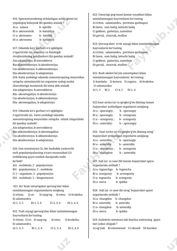 rmatotsit a) 1, 3, 8 b) 5, 7 c) 1, 4, 6 d) 1, 5, 8 609. telofaza (a) va telofaza i (b), telofaza ii (c) yakunida hosil bo’ladigan hujayralarni aniqlang a) a- mikrospora b- megaspora b- soermatozoid b) a- blastomer b- 2 tartib spermatotsit b-mikrospora c) a- o’simlik tuxum hujayrasi b- spermatida c- zigota d) a- 2- tartib ovotsit b- megasporotsit c- spermatozoid 610. odam yuz skeletidagi toq suyakni belgilang javobni aniqlang. a) pastki jag’ jag b) yuqori jag’ c) tepa d) ensa 611. odam ko’krak qafasidagi toq suyakni ko’rsating a) soxta qovurg’a b) to’sh c) o’mrov d) yetim qovurg’a 612. odam miya qutusidagi juft suyaklarni ko’rsating 1) ensa 2) peshona 3) tepa 4) yuqori jag’ 5) chakka 6) pastki jag’ 7) ponasimon suyak a) 1, 2 b) 3, 5 c) 3, 4 d) 5, 6 613. odam miya qutusidagi toq suyaklarni ko’rsating 1) ensa 2) peshona 3) tepa …