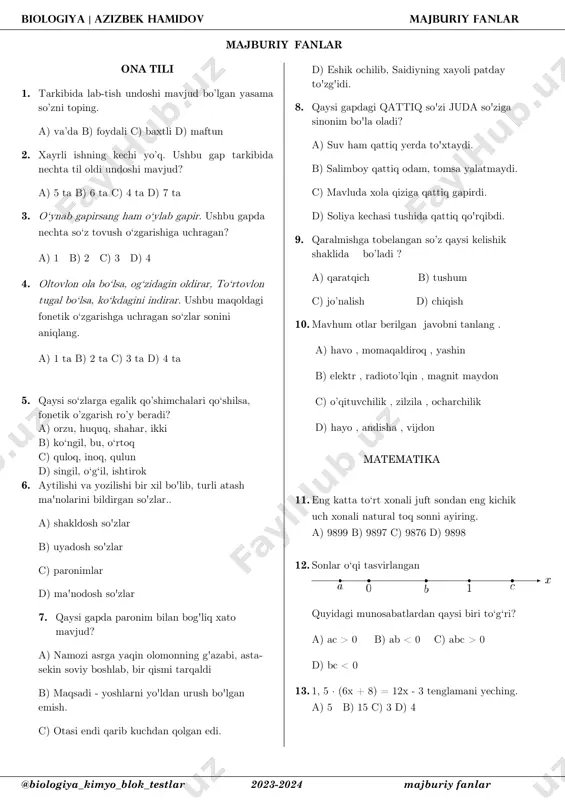 ijdon matematika 11. eng katta to‘rt xonali juft sondan eng kichik uch xonali natural toq sonni ayiring. a) 9899 b) 9897 c) 9876 d) 9898 12. sonlar o‘qi tasvirlangan quyidagi munosabatlardan qaysi biri to‘g‘ri? a) ac > 0 b) ab 0 d) bc < 0 13. 1, 5 · (6x + 8) = 12x - 3 tenglamani yeching. a) 5 b) 15 c) 3 d) 4 biologiya | azizbek hamidov majburiy fanlar @biologiya_kimyo_blok_testlar 2023-2024 majburiy fanlar 14. sotuvchi 585 kilogramm meva sotganidan so‘ng 390 kilogramm meva (sotilmay) qoldi. sotuvchi mevaning necha foizini sotgan? a) 60% b) 70% c) 76% d) 67% 15. 6; 7; 8 raqamlaridan foydalanib (raqamlari takrorlanmaydigan) nechta uch xonali natural son hosil qilish mumkin? a) 4 b) 5 c) 6 d) 3 16. 5 · (2a - b) - 6 · (4a - 3b) ifodani soddalashtiring. a) -14a - 23b b) -14a + 13b c) -14a - …