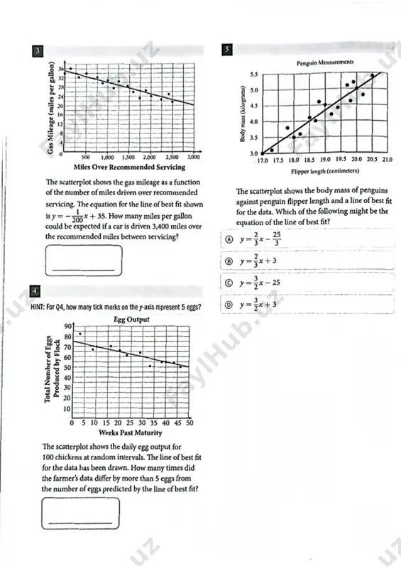 q4, how many t ick marks on the y-axis represent 5 eggs? egg output 90 80 70 60 50 40 30 to ta l n um be r o f e gg s pr od uc ed b y fl oc k 20 10 0 5 10 15 20 25 30 35 40 45 50 weeks past maturity the scatterplot shows the daily egg output for 100 chickens at random intervals. the line of best fit for the data has been drawn. how many times did die farmers data differ by more than 5 eggs from the number of eggs predicted by the line of best fit? a hint: for q7, in an exponential equation, you're taking a starting value and multiplying repeatedly by some other value. population in the area where adriana lives and the number of years, x, after she was born. which of the following does xq …