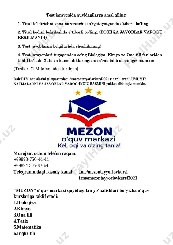 ilib suzdirdi. c)shimoldan esgan kuchli shamol uzoq davom etgan edi. d)og„ir mehnat uni nihoyatda toliqdirib qo„ygan edi. 2.qaysi javobda so„z va ibora ma‟nodoshligi berilgan? a)cho„chib ketmoq − qo„rqib ketmoq b)mizg„imoq − ko„zi ilinmoq c)yerga urmoq − oyoqosti qilmoq d)olamdan o„tmoq − ko„z yummoq 3.qaysi gapda ajratib ko„rsatilgan so„z aniqlovchi vazifasini bajargan? a)har narsaga qiziqish − biz uchun eski odat. b)bolalar yangi bog„da o„ynayotgan edilar. c)u eski ko„ylagining tugmasini olib, o„zini tashlab yubordi. d)yuzaki o„ylagan odam yutqazadi. 4.qaysi gapda tinish belgisi bilan bog„liq xatolik mavjud? a)g„afur g„ulomning “vaqt” she‟rini yod oldik. b)ey gul, nega qoshingda xor o„ldim? c)bola tarbiyasida hamma: ota-ona ham ustozlar ham, javobgardir. d)qo„shiq − hayotning qalbdagi aks-sadosi. 5.chiziqcha bilan yoziladigan so„zlar qatorini belgilang. a)mol//dunyo, dum//dumaloq b)ola//qarg„a, bir//tekis c)achchiq//tosh, har//vaqt d)hayot//sevar, hech//qachon 6. qaysi gapdagi ajratib ko„rsatilgan so„z ko„chma ma‟noda qo„llangan? a)qiz shohi ko„ylagini hilpiratib o„ynayotgan shabadaga yuzlarini tutib turardi. b)cholning yuzi g„azabdan dir-dir titrar, uni urib yuborguday bo„lar …