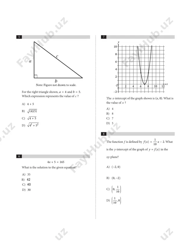 f the graph shown is x( , 0). what is the value of x ? a) 4 b) 8 c) 7 d) 5 9 the function f is defined by f x x( ) = 7 3. in the xy-plane, the graph of y g x= ( ) is the result of shifting the graph of y f x= ( ) down 2 units. which equation defines function g ? a) g x x( ) = 7 2 3 b) g x x( ) = 7 3 2 c) g x x( ) = 7 + 23 d) g x x( ) = 7 − 23 10 x + 7 = 10 x y+ 7 =2( ) which ordered pair x y,( ) is a solution to the given system of equations? a) 3, 100( ) b) 3, 3( ) c) 3, 10( ) d) 3, 70( ) 11 which …