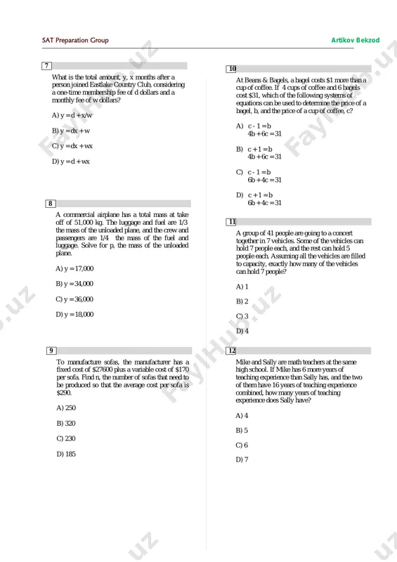 + wx d) y = d + wx 7 a commercial airplane has a total mass at take off of 51,000 kg. the luggage and fuel are 1/3 the mass of the unloaded plane, and the crew and passengers are 1/4 the mass of the fuel and luggage. solve for p, the mass of the unloaded plane. a) y = 17,000 b) y = 34,000 c) y = 36,000 d) y = 18,000 8 to manufacture sofas, the manufacturer has a fixed cost of $27600 plus a variable cost of $170 per sofa. find n, the number of sofas that need to be produced so that the average cost per sofa is $290. a) 250 b) 320 c) 230 d) 185 9 10 at beans & bagels, a bagel costs $1 more than a cup of coffee. if 4 cups of coffee and 6 bagels cost $31, which of the …