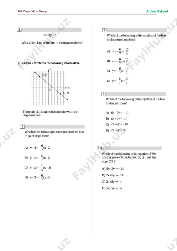 ) d) 3 x y− =21 x y+ =21 3 14 15 user placed image user placed image user placed image user pencil user pencil 16 17 18 19 20 let a and b both be negative numbers such that |2a−3|=5 and |3−4b|=11. what is |b−a|? a) 0 b) 3 c) 2 d) 1 qo'shimcha javoblar kaliti: i) 38 j) 14 k) 16/3 l) 7 m) 30 n) 12 o) 28 p) 98 a) 8 b) -1 c) 20 d) 15 e) 9 f) 1/4 g) 4 h) 117 sat preparation group artikov bekzod user placed image user placed image user placed image user placed image acing_frontcover (pdf) acing the new sat - contents-ebook acing the new sat -ch 1 the language and tools of algebra acing the new sat -ch 2 solving linear equations acing the new sat -ch 3 functions and linear equations acing the new sat -ch …
