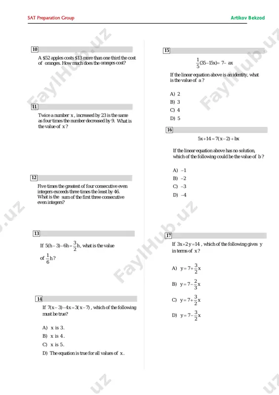 rms of x ? a) 37 2 y x= + b) 27 3 y x= − c) 37 2 y x= + d) 37 2 y x= − sat preparation group artikov bekzod sat preparation group artikov bekzod 18 if ( 1)n a k d= + + , which of the following gives k in terms of the other variables? a) 1n ak d − + = b) 1n ak d + − = c) n a dk d − − = d) n a dk d − + = x7(2 − 3) = 63 which equation has the same solution as the given equation? a) x2 − 3 = 9 b) x2 − 3 = 56 c) x2 − 21 = 63 d) x2 − 21 = 78 19 20 qo'shimcha javoblar kaliti: i) 38 j) 14 k) 16 l) 7 m) 30 n) 44 o) 28 p) 98 …