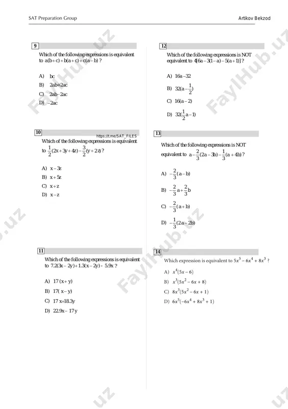 c) x x x8 5 − 6 + 1 3 2( ) d) x x x6 −6 + 8 + 1 5 4 3( ) 14 user typewriter https://t.me/sat_files sat preparation group artikov bekzod 16 which of the following is an irrational number? a) 7.2− b) 5 7 c) 25− d) 12− 17 b ca 4.9− 0.1− a on the number line above, if 2ab 3bc= what is the value of a ? 18 which of the following is not a rational number? a) 1.96 b) 20 64 c) 0.81 d) 25− 19 which of the following shows the numbers arranged in increasing order? a) 23, 5, , 4, 10 3 − − b) 23, 5, , 10, 4 3 − − c) 25, 3, , 10, 4 3 − − d) 2 , 3, 10, 4, 5 3 − − 20 to the nearest cents, what is the value …