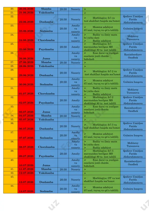17.06.2026 chorshanba amaliy va nazariy  badiiy va ilmiy matn bo`yicha dars  badiiy adabiyot mohlaroy tursunova 18. 18.06.2026 payshanba 20:30 amaliy  morfemika mavzusidan berilgan ms shaklidagi 80 ta test tahlili qodirov umidjon farida abdurahmonova 19. 19.06.2026 juma amaliy va nazariy  esse darsi va yozilgan esselarni jonli chatda baholash raximberdiyev ozodbek 20. 20.06.2026 shanba 20:30 nazariy  21. 21.06.2026 yakshanba  22. 22.06.2026 dushanba 20:30 nazariy  morfologiya: fe’l va test shakllari haqida ma’lumot qodirov umidjon farida abdurahmonova 23. 23.06.2026 seshanba 20:30 amaliy va nazariy  mumtoz adabiyot (g`azal, tuyuq va qit’a tahlili). gulmira isaqova 24. 24.06.2026 chorshanba amaliy va nazariy  badiiy va ilmiy matn bo`yicha dars  badiiy adabiyot mohlaroy tursunova 25. 25.06.2026 payshanba 20:30 amaliy  morfologiya: fe’l mavzusidan berilgan ms shaklidagi 80 ta test tahlili qodirov umidjon farida abdurahmonova 26. 26.06.2026 juma amaliy va nazariy  esse darsi va yozilgan esselarni jonli chatda baholash …
