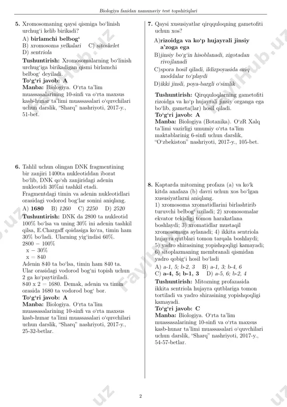 ning tugatilishiga asos solgan. b.mak-klintok esa ko‘chib yuruvchi genetik elementlarni o‘rgangan. to‘g‘ri javob: a manba: biologiya. o‘rta ta’lim muassasalarining 11-sinfi va o‘rta maxsus kasb-hunar ta’limi muassasalari o‘quvchilari uchun darslik, “sharq” nashriyoti, 2018-y., 64-bet. biologiya. o‘rta ta’lim muassasalarining 10-sinfi va o‘rta maxsus kasb-hunar ta’limi muassasalari o‘quvchilari uchun darslik, “sharq” nashriyoti, 2017-y., 123-bet. biologiya (zoologiya). umumiy o‘rta ta’lim maktablarining 7-sinfi uchun darslik, “o‘zbekiston milliy ensiklopediyasi” nashriyoti, 2017-y., 4-bet. 4. maltoza va saxarozaning umumiy xususiyatlarini ko‘rsating. 1) glikozid bog‘larga ega; 2) faqat glyukoza monomeriga ega; 3) gidrofil birikma; 4) donning unish jarayonida hosil bo‘ladi a) 1, 3 b) 2, 4 c) 1, 4 d) 2, 3 tushuntirish: maltoza va saxaroza glikozid bog‘larga ega bo‘lgan gidrofil birikmalardir. to‘g‘ri javob: a manba: biologiya. o‘rta ta’lim muassasalarining 10-sinfi va o‘rta maxsus kasb-hunar ta’limi muassasalari o‘quvchilari uchun darslik, “sharq” nashriyoti, 2017-y., 20-bet. 1 biologiya fanidan namunaviy test topshiriqlari 5. xromosomaning qaysi qismiga bo‘linish urchug‘i kelib birikadi? a) …