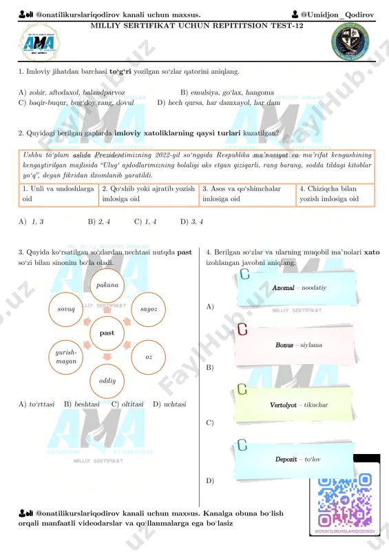 dan ilxomlanib yaratildi. 1. unli va undoshlarga oid 2. qo‘shib yoki ajratib yozish imlosiga oid 3. asos va qo‘shimchalar imlosiga oid 4. chiziqcha bilan yozish imlosiga oid a) 1, 3 b) 2, 4 c) 1, 4 d) 3, 4 3. quyida ko‘rsatilgan so‘zlardan nechtasi nutqda past so‘zi bilan sinonim bo‘la oladi. a) to‘rttasi b) beshtasi c) oltitasi d) uchtasi 4. berilgan so‘zlar va ularning muqobil ma’nolari xato izohlangan javobni aniqlang. a) b) c) d) past pakana sayoz oz oddiy yurish- magan sovuq anomal – noodatiy bonus – siylama vertolyot – tikuchar depozit – to‘lov 👨🏫 @onatilikurslariqodirov kanali uchun maxsus. 👨 @umidjon_qodirov 👨🏫 @onatilikurslariqodirov kanali uchun maxsus. kanalga obuna bo‘lish orqali manfaatli videodarslar va qo‘llanmalarga ega bo‘lasiz 5. qaysi gapda qo‘shimcha qo‘llash bilan bog‘liq uslubiy xatolik mavjud emas? a) paxtakor tadbirkor boʻlib, yangi serunumli yerlardan foydalansa, hosili barakali, turmushi zavqli boʻladi. b) musobaqada g‘olib bo‘lgan o‘n nafar bolalar esdalik sovg‘alari bilan …