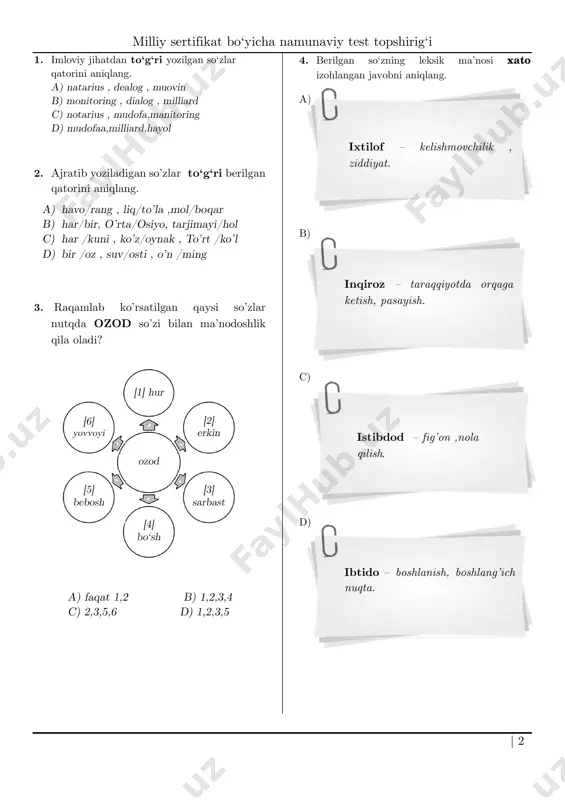 rqaga ketish, pasayish. ixtilof – kelishmovchilik , ziddiyat. istibdod – fig’on ,nola qilish. ibtido – boshlanish, boshlang’ich nuqta. milliy sertifikat bo‘yicha namunaviy test topshirig‘i | 3 5. qaysi javobda so’z qo’llash bilan bog’liq uslubiy xatolik mavjud emas? a) choy tubiga cho’kkan sha’malarni olib, quritib qo’y. b) ko’ylagining bir uchi taxta yorug’iga ilinib qolgan emish. c) har qanday mahsulot o’z serviz markazlariga ega bo’lishi kerak. d) nahotki, yosh o’lib javonmard bo’lib ketishni afzal bilgan bo’lsa?! 6. ushbu parchada qatnashgan qo’shimchalarning uslubiyatiga oid to’g’ri mulohazani aniqlang. mana hozir ona suratiga tikilarkan, uni yuzidagi tanish, ko‘p voqealarning shohidi bo‘lgan ajinlar, hech qachon kulmagan qisiq lablar, hasrat to‘la ko‘zlar nizomjonga: “bolaginam... yomonga yondashma!” deyayotgandek. a) sifat yasovchi qo’shimchani ortiqcha qo’llash bilan bog’liq uslubiy xatolik yuzaga kelgan b) ikki xil so’z yasovchi qo’shimchani qo’llash bilan bog’liq uslubiy xatolik yuzaga kelgan c) bir o’rinda kelishik qo’shimchasini qo’llash bilan bog’liq uslubiy xatolik yuzaga kelgan d) uslubiy xatoliklar …