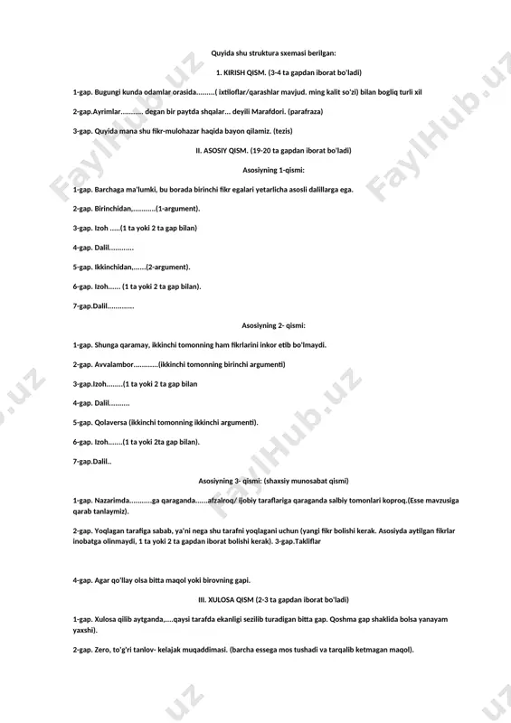 i dalillarga ega. 2-gap. birinchidan,...........(1-argument). 3-gap. izoh .....(1 ta yoki 2 ta gap bilan) 4-gap. dalil............ 5-gap. ikkinchidan,......(2-argument). 6-gap. izoh...... (1 ta yoki 2 ta gap bilan). 7-gap.dalil............. asosiyning 2- qismi: 1-gap. shunga qaramay, ikkinchi tomonning ham fikrlarini inkor etib bo'lmaydi. 2-gap. avvalambor............(ikkinchi tomonning birinchi argumenti) 3-gap.izoh........(1 ta yoki 2 ta gap bilan 4-gap. dalil.......... 5-gap. qolaversa (ikkinchi tomonning ikkinchi argumenti). 6-gap. izoh.......(1 ta yoki 2ta gap bilan). 7-gap.dalil.. asosiyning 3- qismi: (shaxsiy munosabat qismi) [bookmark: _goback]1-gap. nazarimda...........ga qaraganda......afzalroq/ ijobiy taraflariga qaraganda salbiy tomonlari koproq.(esse mavzusiga qarab tanlaymiz). 2-gap. yoqlagan tarafiga sabab, ya'ni nega shu tarafni yoqlagani uchun (yangi fikr bolishi kerak. asosiyda aytilgan fikrlar inobatga olinmaydi, 1 ta yoki 2 ta gapdan iborat bolishi kerak). 3-gap.takliflar 4-gap. agar qo'llay olsa bitta maqol yoki birovning gapi. iii. xulosa qism (2-3 ta gapdan iborat bo'ladi) 1-gap. xulosa qilib aytganda,....qaysi tarafda ekanligi sezilib turadigan bitta gap. qoshma gap shaklida bolsa yanayam yaxshi). …