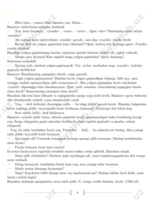 hiqdi. — otir, bu yoqqa! xosh, sen nima uchun kocha bolalariga oxshab axloqsizlik qilasan! hamdam yostiqni kursiga qoyib ustiga otirdi va onasiga qaradi. — nima qildim? — men sorayotibman, menga qara! nima qilganingai bilmaysanmi? nima uchun oying urganda... xayr, bu ham mayli. nima uchun oyingni «aya» demay... yoq, nima uchun tomda turib, ayangga... umuman, tomlarda yurar emishsan, yer kotarmaydimi? maktabda senga shuni talim beradimi? qani daftarlaring? hamdam ayasiga qaradi. — qachon men tomda yuribman? — yoq, tomni qoy, menga daftarlaringni korsat! bu yil oqish boshlangandan beri nechta «alo» baho olding? @milliy_test_tizimi javohir yo’ldoshev @milliy_til_1 9 — bitta ham... yomon baho olganim yoq. mana... hamroev daftarlarini varaqlay boshladi. — xop, hozir koramiz... «yaxshi»... «orta»... «orta»... qani «alo»? ruschadan nima uchun «yaxshi»? — alo oqisam ham oqituvchimiz «yaxshi» qoyadi, «alo»dan «yaxshi» yaxshi deydi. — ha-ha! hali siz yolgon gapirishni ham bilasizmi?! qani, beriroq kel, kozimga qara! «yaxshi» yaxshi deydimi? hamdam yolgon gapirishning …