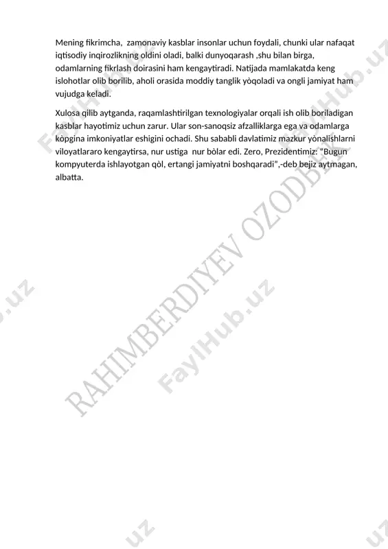 da ham buxoro, fargʻona, samarqand viloyatlarida òzining boy tarixini saqlab kelmoqda. bundan tashqari, an'anaviy kasblar sirasiga kiruvchi òqituvchilik faoliyati onlayn emas, balki oflayn ravishda davom etsa, kelajagimiz izdoshchilari uchun manfaatli bòladi. chunki ustoz va òrganuvchi orasida masofa tufayli tushunmovchiliklar mutlaqo bòlmaydi. aksincha, darslarni a'lo darajada tushunish bilan birga òzaro iliq munosabatlar ham paydo bo'ladi. shuningdek, an'anaviy kasblar texnologiyalarga tayanib qolish hamda jismoniy harakatsizlikning, jumladan, soatlab telefon yoki kompyuterga qarab òtirishning va kòz, bògʻim kasalliklarining oldini olishga òz hissasini qòshadi. mening fikrimcha, zamonaviy kasblar insonlar uchun foydali, chunki ular nafaqat iqtisodiy inqirozlikning oldini oladi, balki dunyoqarash ,shu bilan birga, odamlarning fikrlash doirasini ham kengaytiradi. natijada mamlakatda keng islohotlar olib borilib, aholi orasida moddiy tanglik yòqoladi va ongli jamiyat ham vujudga keladi. [bookmark: _goback]xulosa qilib aytganda, raqamlashtirilgan texnologiyalar orqali ish olib boriladigan kasblar hayotimiz uchun zarur. ular son-sanoqsiz afzalliklarga ega va odamlarga kòpgina imkoniyatlar eshigini ochadi. shu sababli davlatimiz mazkur yònalishlarni viloyatlararo …