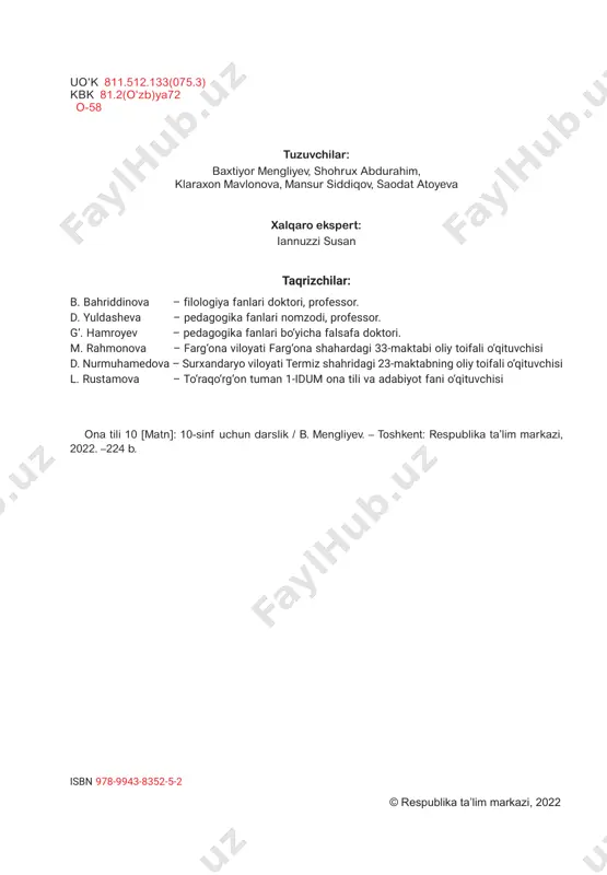 gan illatlar. qo‘shma gap uslubiyati; gap bo‘laklari tartibi uslubiyati; argo va jargonlar. v bob 80 mundarija tilim – boyligim nutqiy mavzular: lingvistik mavzular: so‘z mas’uliyati; so‘z tarixi; “yumshoq” birliklar; tillar taraqqiyoti va tanazzuli; til “ekologiyasi”. so‘z yasovchi qo‘shimchalar uslubiyati; shevaga xos so‘zlar uslubiyati; asos va qo‘shimchalar imlosi. vi bob vii bob viii bob ix bob 102 122 142 170 fan va texnologiyalar nutqiy mavzular: lingvistik mavzular: nobel mukofoti; nobel mukofoti laureatlari nutqi; kelajak kasblari; tabiat va ixtirolar; innovatsion rivojlanish vazirligi. og‘zaki nutqda noverbal vositalardan foydalanish; fe‘llarda nisbat, zamon, shaxs-son uslubiyati; qo‘shib, ajratib va chiziqcha bilan yozish imlosi. boy bo‘lsam… nutqiy mavzular: lingvistik mavzular: asl boylik; qashshoqlik sabablari; boylarga kechagi va bugungi munosabat; millarderlar hayotidan. matn maqsadini aniqlash; vulgarizm va varvarizmlar; mustaqil nutq; yozma nutqning kirish va asosiy qismlarini shakllantirish; nuqta, so’roq va undov belgilarining qo‘llanishi. kino sanoati nutqiy mavzular: lingvistik mavzular: kino; 25-kadr; seriallar; kino va adabiyot. qo‘shtirnoqning qo‘llanishi; nuqtali …