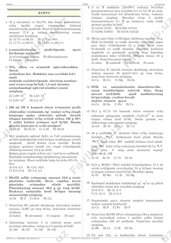 azilganda idishning massasi 3,9 g ga ortdi. qolgan gazni yoqish uchun esa 1 mol havo sarflandi. dastlabki aralashmadagi oksidlarning massalarini (g) aniqlang. (havo tarkibida hajm bo’yicha 20% o2 bor) a) 6,8; 8,4 b) 13,6; 16,8 c) 6,8; 0,34 d) 3,4; 4,2 6. mis(ii) sulfat eritmasiga massasi 33,6 g temir plastinka tushirildi. biroz vaqtdan keyin plastinka eritmadan olinib quritildi. plastinkaning massasi 36,8 g ga teng bo’ldi. reaksiya natijasida hosil bo’lgan misning massasini(g) aniqlang. a) 32 b) 8 c) 25,6 d) 3,2 7. noma’lum iii valentli oksidining ekvivalent molyar massasi 12,667 ga teng bo’lsa, nom’alum elementni aniqlang. a) kalsiy b) alyuminiy c) magniy d) azot 8. adenindagi ixtiyoriy 2 ta vodorod atomi metil guruhiga almashsa, uning m.a.b qancha bo’ladi? a) 168 b) 167 c) 163 d) 183 9. a va b moddalar (2a+b=c reaksiya bo’yicha) konsentratsiyasi mos ravishda 0,3 va 0,5 m ga teng. tezlik konstantasi 0,8 l2/mol2·min bo’lsa, reaksiya tezligini aniqlang. …