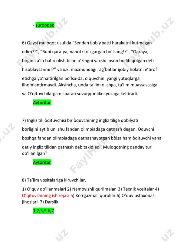 li qurollar 6) o’quv ustaxonasi jihozlari 7) darslik 1,2,3,5,6,7 9) tabiiy fan o'qituvchisi bugungi mavzu "yer shari" bo'ganligi uchun darsga globus va dunyo xaritasini olib kirdi. ushbu vaziyatda namoyish quroli darsga faoliyatning qanday turi hisoblanadi? - subyekt 10) debat bu? muayyan mavzu yoki muammoli vaziyatga turli nuqtai nazarlar bilan yondoshish va o‘z fikrini omma oldida himoya qilishga o‘rgatadi 11) debrifing bu? muayyan tajriba yoki sinovdan so‘ng o‘z hissiy kechinmalari va intelektual zaxiralari bilan almashinishdan iborat bo‘ladi. 12) diskussiya bu? muayyan mavzu, vaziyat yoki holatni muhokama qilish. 13) demonstartsiya bu? muayyan jarayon yoki qurilmani sihlash va faoliyat yuritishini ko‘rsatish ya’ni namoyish qilishdir 14) colliqua bu? sinfdagilarning qiziqishlaridan kelib chiqib sinfga taklif qilingan mehmonlar o‘z faoliyatlari va kasblari haqida so‘zlab beradilar. masalan sinfga taklif qilingan sozanda o‘z kasbi va faoliyati haqida o‘quvchilarga ma’lumot berishi, jonli ijro orqali esa o‘quvchilarda musiqaga bo‘lgan muhabbatni tarbiyalashi mumkin 15) ............o‘rganilayotgan obyekt, hodisa va jarayonlarni modellashtirish asosida …