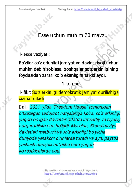 solishi raximberdiyevozodbek bizning kanal:https://t.me/ona_tili_tayyorlash_attestatsiya milliysertifikatvaattesatsiyagabepultayyorlaning. https://t.me/ona_tili_tayyorlash_attestatsiya mumkin. dalil:2016-yildaaqshdagisaylovlardavomidaso‘z erkinligidanfoydalanib,turlimanipulyativ kampaniyalarolibborilganvabudavlatsiyosiy tizimigata’sirqilgan. 3-fikr:cheksizso‘zerkinligiijtimoiybo‘linishgaolib kelishimumkin dalil:2015-yildafransiyadagi"charliehebdo" jurnalimusulmonlarnihaqoratqiluvchikarikaturalar chopetgach,butundunyodanoroziliknamoyishlari avjolganvaijtimoiybo‘linishkuchaygan. raximberdiyevozodbek bizning kanal:https://t.me/ona_tili_tayyorlash_attestatsiya milliysertifikatvaattesatsiyagabepultayyorlaning. https://t.me/ona_tili_tayyorlash_attestatsiya esseuchunmuhim 20mavzu 2-essevaziyati:ayrimlaryaxshiyashashuchun bittakasbningmohirustasibo‘lishkerakdeb bilishsa,ba’zilarbirnechakasbningegasibo‘lish foydaliroqdebhisoblashadi. 1-tomon 1-fikr:bittakasbgachuqurixtisoslashishkatta muvaffaqiyatgaolibkeladi dalil:stenforduniversitetitadqiqotlarigako‘ra,o‘z sohasida10mingsoatishlaganinsonlaryetuk mutaxassisbo‘lib,boshqalarganisbatan5baravar ko‘proqdaromadtopadi.masalan,stivjobsfaqat texnologiyasohasibo‘yichaishlaganvanatijada applekompaniyasinidunyoningyetakchibrendiga aylantirgan. 2-fikr:mohirmutaxassislarmehnatbozorida talabgirbo‘ladi raximberdiyevozodbek bizning kanal:https://t.me/ona_tili_tayyorlash_attestatsiya milliysertifikatvaattesatsiyagabepultayyorlaning. https://t.me/ona_tili_tayyorlash_attestatsiya dalil:2023-yildajahoniqtisodiyforumie’lonqilgan hisobotgako‘ra,it,tibbiyotvamuhandislik sohalaridachuqurixtisoslashganmutaxassislarning ishtopishimkoniyatiko‘pkasbegalarinikiga qaraganda40%yuqoribo‘lgan. 3-fikr:chuqurbilim orttirishijodiyyuksalishgaolib keladi dalil:mashhurrassom leonardodavinchisan’at sohasidachuqurbilimgaegabo‘lishitufayli bugungikungachatanilgandurdonaasarlar yaratgan.uyagonakasbnimukammalegallagan holdao‘zidanbuyukmerosqoldirgan. 2-tomon 1-fikr:bi