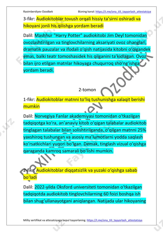 umkin dalil: norvegiya fanlar akademiyasi tomonidan o‘tkazilgan tadqiqotga ko‘ra, an’anaviy kitob o‘qigan talabalar audiokitob tinglagan talabalar bilan solishtirilganda, o‘qilgan matnni 25% yaxshiroq tushungan va asosiy ma’lumotlarni yodda saqlash ko‘rsatkichlari yuqori bo‘lgan. demak, tinglash vizual o‘qishga qaraganda kamroq samarali bo‘lishi mumkin. 2-fikr: audiokitoblar diqqatsizlik va yuzaki o‘qishga sabab bo‘ladi dalil: 2022-yilda oksford universiteti tomonidan o‘tkazilgan tadqiqotda audiokitob tinglovchilarning 60 foizi boshqa ish bilan shug‘ullanayotgani aniqlangan. natijada ular hikoyaning https://t.me/ona_tili_tayyorlash_attestatsiya https://t.me/ona_tili_tayyorlash_attestatsiya raximberdiyev ozodbek bizning kanal: https://t.me/ona_tili_tayyorlash_attestatsiya milliy sertifikat va attesatsiyaga bepul tayyorlaning. https://t.me/ona_tili_tayyorlash_attestatsiya muhim qismlarini e’tiborsiz qoldirib, umumiy tushuncha hosil qilish bilan kifoyalanishgan. 3-fikr: audiokitoblar odatdagi o‘qish malakasini pasaytirishi mumkin dalil: o‘quvchi yoshlar orasida o‘tkazilgan tadqiqotlarga ko‘ra, faqat audiokitoblar tinglagan talabalar an’anaviy kitob o‘qigan talabalarga nisbatan tez o‘qish, fikrlash va yozma nutq qobiliyatlarida pastroq natijalar ko‘rsatgan. bizning kanal: https://t.me/ona_tili_tayyorlash_attestatsiya tuzuvchi: raximberdiyev ozodbek https://t.me/ona_tili_tayyorlash_attestatsiya https://t.me/ona_tili_tayyorlash_attestatsiya https://t.me/ona_tili_tayyorlash_attestatsiya raximberdiyev ozodbek bizning kanal: https://t.me/ona_tili_tayyorlash_attestatsiya milliy sertifikat va attesatsiyaga bepul tayyorlaning. https://t.me/ona_tili_tayyorlash_attestatsiya namunaviy esse zamonaviy kitobxonlar audio …