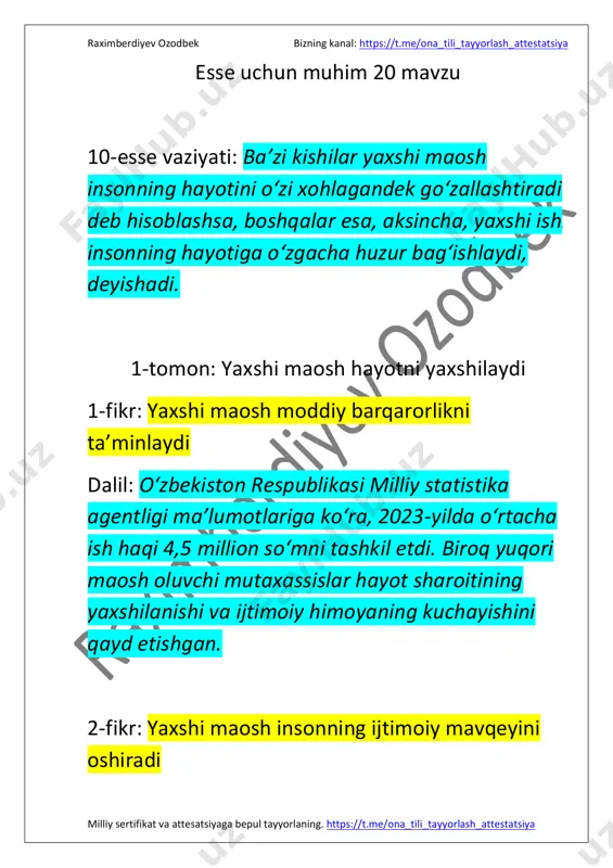 farovon yashash imkoniyatiga ega bo‘lib, bu ularning hayotidan qoniqish darajasini oshiradi. 2-tomon: yaxshi ish insonni baxtli qiladi 1-fikr: sevimli kasb stress va charchoqni kamaytiradi dalil: 2022-yilda o‘zbekistonda o‘tkazilgan mehnat psixologiyasi tadqiqotiga ko‘ra, o‘z ishidan rozi bo‘lgan xodimlarning 78 foizida stress darajasi ancha past. 2-fikr: ishga mehr qo‘ygan odam ko‘proq muvaffaqiyatga erishadi https://t.me/ona_tili_tayyorlash_attestatsiya https://t.me/ona_tili_tayyorlash_attestatsiya raximberdiyev ozodbek bizning kanal: https://t.me/ona_tili_tayyorlash_attestatsiya milliy sertifikat va attesatsiyaga bepul tayyorlaning. https://t.me/ona_tili_tayyorlash_attestatsiya dalil: o‘zbekistonda tadbirkorlik sohasida o‘tkazilgan tadqiqotlar natijasi shuni ko‘rsatadiki, sevimli ish bilan shug‘ullangan insonlar o‘z bizneslarini tezroq rivojlantiradi va uzoq muddatda yuqori daromadga erishadi. 3-fikr: mazmunli ish insonni ilhomlantiradi va hayotiga ma’no beradi dalil: o‘zbekistonlik ko‘plab shifokorlar, o‘qituvchilar va san’atkorlar nisbatan kam daromadga ega bo‘lsa ham, o‘z kasbining jamiyat uchun muhimligini his qilib, qoniqish va baxt tuyayotganini aytishadi. https://t.me/ona_tili_tayyorlash_attestatsiya https://t.me/ona_tili_tayyorlash_attestatsiya raximberdiyev ozodbek bizning kanal: https://t.me/ona_tili_tayyorlash_attestatsiya milliy sertifikat va attesatsiyaga bepul tayyorlaning. https://t.me/ona_tili_tayyorlash_attestatsiya esse uchun muhim 20 mavzu 11-esse vaziyati: ba'zilar ko'p qavatli uylar qurilishining avj …