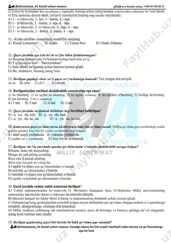 ha yoritilgan, qo'pol xatolarga yo‘l qo'yilgan bo‘lsa, fikrlashda noaniqliklar sezilib tursa, jumlalar bir-biri bilan bog‘lanmasa, ijodkorlik sezilmasa, xatolarning soni yuqoridagi nisbatlardan ortiq bo‘lsa, unday ishlarga «qoniqarsiz» baho qo'yiladi. ushbu gapda kesimga bevosita bog'langan, tarkibida ikkita so‘z yasovchi qo‘shimchasi mavjud bo‘lgan so‘zlarning gapdagi sintaktik vazifasini aniqlang. a) ega va kesim. b) aniqlovchi va to‘ldiruvchi c) ega va hol d) hol va to‘ldiruvchi 10. berilgan gaplarda harakat nomi qo‘shimchasini olgan so'zlar gapda qanday vazifa bajargan? 1) xalqning o'zingga xayrixoh bo'lishini istasang, avval o'zing xalqga xayrixoh bo‘l. 2) biror xalqning axloqini bilmoq uchun uning adabiyoti bilan tanish. 👨🏫 @attestatsiya_01 kanali uchun maxsus. taklif va e’tirozlar uchun: +998 93 709 02 31, 👨🏫 @attestatsiya_01 kanali uchun maxsus. kanalga obuna bo`lish orqali manfaatli video darslar va qo`llanmalarga ega bo`lasiz 3) yozuvchi turmushni har taraflama o‘rganishi, buning uchun uning hamma sohalaridan xabardor bo‘lishi kerak. 4) erta bahorda daraxt ekish, yerlarni yumshatish bizning eng yaxshi odatimizdir. a) …