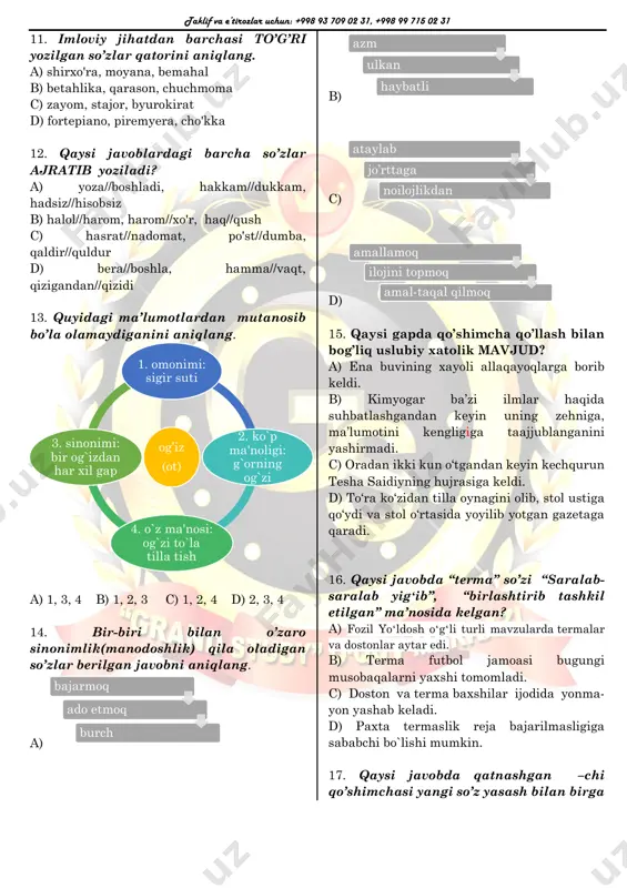 im edi. ushbu gapda yasama sifat necha o'rinda qo'llangan? a) 6 o'rinda b) 5 o'rinda c) 4 o'rinda d) 3 o'rinda 7. tarkibida uyushiq bo'laklar ishtirok etgan bog'langan qo'shma gapni belgilang. a) jamiyatning moddiy hayoti qanchalik yuksak taraqqiy etgan bo'lsa, u ma’naviy madaniyatning boy, sermazmun bo'lishiga shu darajada ta’sir qiladi. b) zavodimizda yangi g'oya va tashabbus bilan chiqayotganlar ko‘p, shuning uchun yoshlarning izlanuvchanligidan quvonaman. c) yolg'onchilik va egrilik insonni qabohatga yetaklaydi, to'g'rilik bo'lsa uni saodatga boshlaydi. d) dehqonlaryerdagi namlikdan, tog'dagi qor zaxirasidan xursand, ya’ni bu yil obi hayot mo'l bo'lishidan umidvor. 8. so’z birikmasi berilgan qatorni toping. a) daryo bo'ylab b) gazetadagi maqola c) oy-u quyosh d) ko'nglidan o'tkazmoq 9. quyidagi asarlardan qaysilari ogahiyning tarixiy asarlari hisoblanadi? 1) «riyoz ud-davla» («saltanat bog'lari»); 2) «arnalar» («anhorlar»); 3) «zubdat ut-tavorix» («tarixlar qaymog'i»); 4) «gulshani davlat» («davlat gulshani»). a) 1, 3, 4 b) 1, 2, 4 c) 1, 2, 3 d) 2, 3, …