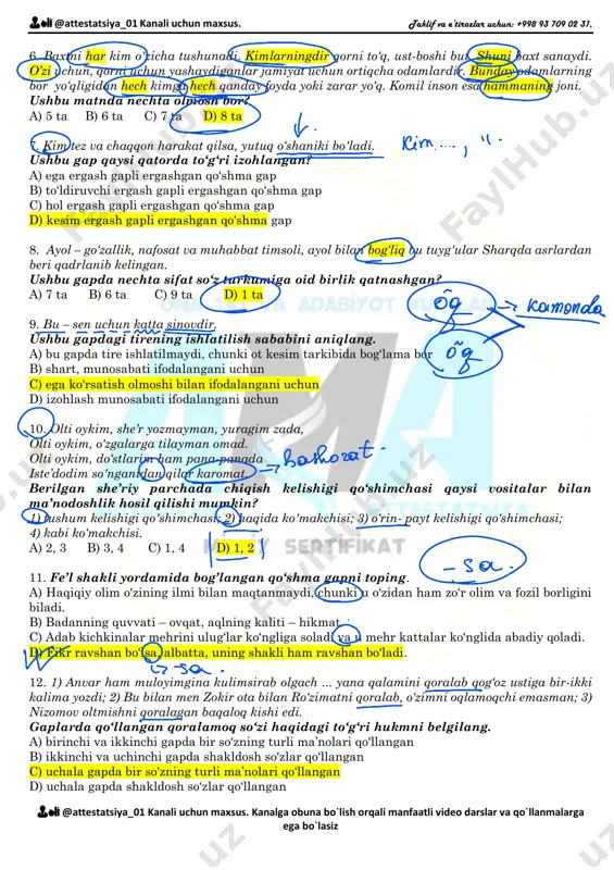 1) so‘nggi – sifat, paytga munosabat bildiruvchi sifat, nisbiy sifat, oddiy darajada, sodda yasama sifat (yasovchi qo'shimcha: -gi, asosi: ravish); 2) oppoq – sifat, rang-tus bildiruvchi sifat, asliy sifat, orttirma darajada, tub sifat; 3) bulutlarga – ot, turdosh ot, o‘rin-joy oti, sodda tub, aniq ot, tarkibida ko‘plik qo'shimchasi (-lar) bor, -lar- lug‘aviy shakl yasovchi qo'shimcha; jo‘nalish kelishigi (-ga) shakli bor, -ga- munosabat shaklini hosil qiluvchi qo'shimcha; 4) qadalgan – fe’l, holat fe’li, sifatdosh, -gan o‘tgan zamon sifatdoshi, majhul nisbatda(-l), o‘timsiz fe’l, bo‘lishli shaklda; 5) qilich – ot, turdosh ot, narsa-buyum oti, sodda tub, aniq ot, bosh kelishik va birlik shaklida; 6) kabi – sof ko'makchi, o'xshatish ma’nosini ifodalaydi, bosh kelishik shaklidagi ismlarga qo‘shiladi; 7) yarqiramoqda – fe’l, holat fe’li, o‘timli fe’l, sodda yasama fe’l (yarq + ira asosi: taqlid so‘z), munosabat shakliga ega: -moqda – hozirgi zamon va iii shaxs birlik shaklida. a) 4, 5, 7 b) 3, 4, 6 …