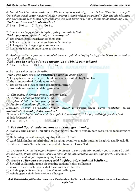 1) so‘nggi – sifat, paytga munosabat bildiruvchi sifat, nisbiy sifat, oddiy darajada, sodda yasama sifat (yasovchi qo'shimcha: -gi, asosi: ravish); 2) oppoq – sifat, rang-tus bildiruvchi sifat, asliy sifat, orttirma darajada, tub sifat; 3) bulutlarga – ot, turdosh ot, o‘rin-joy oti, sodda tub, aniq ot, tarkibida ko‘plik qo'shimchasi (-lar) bor, -lar- lug‘aviy shakl yasovchi qo'shimcha; jo‘nalish kelishigi (-ga) shakli bor, -ga- munosabat shaklini hosil qiluvchi qo'shimcha; 4) qadalgan – fe’l, holat fe’li, sifatdosh, -gan o‘tgan zamon sifatdoshi, majhul nisbatda(-l), o‘timsiz fe’l, bo‘lishli shaklda; 5) qilich – ot, turdosh ot, narsa-buyum oti, sodda tub, aniq ot, bosh kelishik va birlik shaklida; 6) kabi – sof ko'makchi, o'xshatish ma’nosini ifodalaydi, bosh kelishik shaklidagi ismlarga qo‘shiladi; 7) yarqiramoqda – fe’l, holat fe’li, o‘timli fe’l, sodda yasama fe’l (yarq + ira asosi: taqlid so‘z), munosabat shakliga ega: -moqda – hozirgi zamon va iii shaxs birlik shaklida. a) 4, 5, 7 b) 3, 4, 6 …