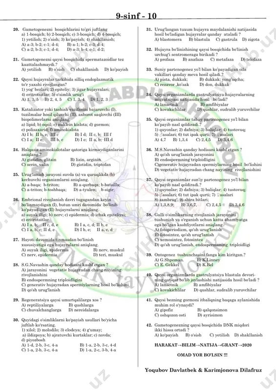ma joylashgan ? a) sitoplazmaning zichlashgan,gidrolizlovchi fermentlarini saqlovchi akrosoma b) sitoplazmaning trofik kiritmasini saqlovchi akrosoma c) mitoxondriya va sentrosomani saqlovchi akrosoma d) yadro va mitoxondriya 10. jinssiz ko‘payishning qaysi turlari ham bir, ham ko‘p hujayrali organizmlarda uchraydi ? a) shizogoniya, sporalar orqali b) sporalar orqali, kurtaklanib c) sporalar orqali, poliembrional d) shizogoniya, fragmentlar orqali 11. mitozga xos bo‘lgan (1) va xos bo‘lmagan (2) jarayonlarni aniqlang. a) diploid to‘plamli ikkita hujayra hosil bo‘ladi; b) gaploid to‘plamli to‘rtta hujayra hosil bo‘ladi; c) krossingover bo‘ladi; d) konyugatsiya bo‘lmaydi; e) konyugatsiya bo‘ladi a) 1-a, d; 2-b, c, e b) 1-b, c, e; 2-a,d c) 1-a; 2-b, c, d d) 1-b, c; 2-a, e 12. qaysi organizmlarning ovogenezida birlamchi urg‘ochi jinsiy hujayralarning ko‘payishi butun umri mobaynida davom etadi ? a) tuban xordalilar b) tuban umurtqalilar c) tuban umurtqasizlar d) sutemizuvchilar 13. tilakoidlar qaysi organoid tarkibida uchraydi? a) mitoxondriya b) ribosoma c) xloroplast d) lizosoma 14. …