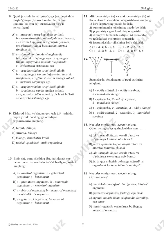 hga o‘tgan sutemizuvchi bo‘lib, kurakoyoqlilar turkumiga kiradi; b - kurak tishlarining orqa tomonida emal bo‘lmaydi; c - havo pufaklari ichki organlar orasida joylashgan d)a - bo‘yin umurtqasi 7ta; b - qoziq tishlari bo‘lmaydi; c - kloakaga ega 6. gastrulyatsiya jarayoni blastula devorining qat-qat joylashuv yo‘li bilan amalga oshadigan organizmlarni aniqlang. 1) qutb meduzasi; 2) salamandra; 3) agama; 4) kvaksha baqasi; 5) suqsun; 6) povituxa qurbaqasi; 7) aktiniya; 8) xameleon. a) 3, 4 b) 1, 7 c) 5, 8 d) 2, 6 7. dnk molekulasini bo‘laklarga bo‘luvchi enzimni (a); dnk bo‘lagini bir-biriga uchma-uch biriktiruvchi enzimni (b); dnk bo‘laklarini uzunligi bo‘yicha bir-biridan ajratish usulini (c) aniqlang. a)a - endonukleaza; b - transpozaza; c - replika olish b)a - polimeraza; b - endonukleaza; c - replika olish c)a - restriktaza; b - ecori; c - elektroforez d)a - nukleaza; b - ligaza; c - elektroforez c© davlat test markazi, 2019 1 1940491 biologiya …