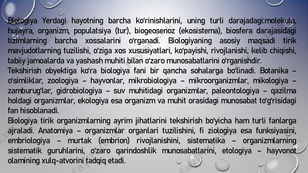 alga oshiriladi. bu metod organizmlar xatti-harakati, tuzilishi, xossalari mohiyatini tajribalar yordamida chuqurroq tadqiq qilish imkonini beradi. modellashtirish metodi. biologik tadqiqotlarda tobora keng qo‘llanilayotgan modellashtirish metodining mohiyati tirik tabiatdagi hodisalar va ularning jihatlarini matematik belgilarga aylantirib, model tarzida qayta tiklab o‘rganishdan iborat. taqqoslash metodi. turli biologik tizimlarning tuzilishi, funksiyasi, tarkibiy qismlardagi o‘xshashlik va farqlar taqqoslash metodi yordamida o‘rganiladi. bu metoddan sistematika, morfologiya, anatomiya, paleontologiya, embriologiya fanlarida foydalaniladi. bu metod yordamida hujayra nazariyasi, biogenetik qonun, irsiy o‘zgaruvchanlikning gomologik qatorlar qonuni kashf etilgan tarixiy metod. mazkur metod turli sistematik guruhlarning evolutsion jarayonda paydo lishi, takomillashishini dalillar yordamida tushunish va ularni avvaldan mavjud bo‘lgan dalillar bilan qiyoslash, organizmlarning paydo bo‘lishi va rivojlanishi, ularning tuzilishi va funksiyalarining murakkablashib borish qonuniyatlarini bilib olishga imkon beradi. hayot mohiyati. biologiya fani taraqqiyoti davomida juda ko‘p olimlar hayotga ta’rif berishga harakat qilishgan: hayot – biosferani hosil qiladi va o‘zgartiradi, hayot – tirik organizmlarda hayotiy jarayonlarning sodir bo‘lishi, hayot – …
