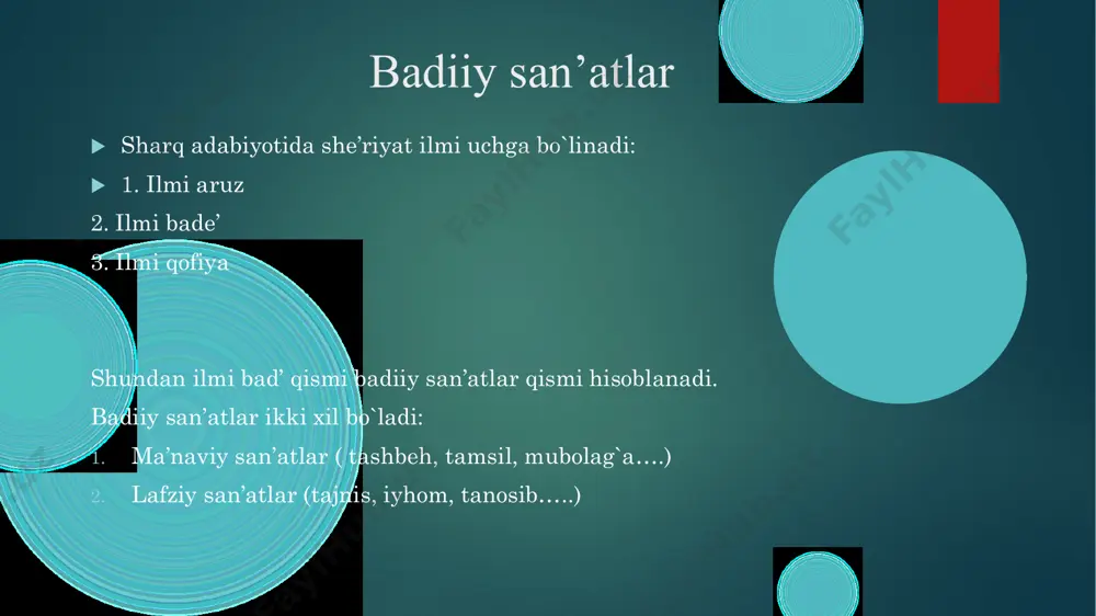 oqeani unga aloqasi yo’q boshqa voqea bilan tasvirlash.  garchi shuncha mag’rur bo’lsa ham  piyolaga egilar choynak  shunday ekan, manmanlik nechun,  kibr-u havo nimaga kerak musajja’  baytning ichki qofiyaga ega bo’lishi. xatti aro uzoring sabza ichida dola ul chashmi nurxumoring doladagi g’azola iyhom  baytda biri aniq, biri yashirin bo’lgan ikki ma’noli so’zni qo’llash usulidir. birinchi mano e’tiborni tortadi  ulus ichinda turur o’z begim qiyo ko’zluk, xayoli to’qtamish andin ko’ngil saroyida. irsoli masal  she’riyatda biror xalq maqoli yoki iborasini keltirib asar tasirchanligini oshirish  xunob ichar vaqtimda xush kelding, ko’ngilkim, xalq aro, yaxshi masaldurkim: “kelur yaxshi kishi osh ustuna”. istiora  badiy asarlarda so’zlarni o’z ma’nosida emas, balki, majoziy manoda qo’llash(metafora). bu narsa hodisalar o’rtasidagi o’xshashlikni nazarda tutadi. arabcha so’z bo’lib “biror narsani omonatga olmoq” degan manoni bildiradi.  keldi ochilur chog’i o’zliging namayon qil, parchalab kishanlarni har tomon parishon qil. ishtiqoq  arabchadan …