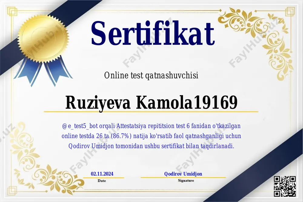 2.11.2024 qodirov umidjon sertifikat online test qatnashuvchisi shohnazarova shahnoza bobir qizi @e_test5_bot orqali attestatsiya repititsion test 6 fanidan o'tkazilgan online testda 23 ta (76.7%) natija ko'rsatib faol qatnashganligi uchun qodirov umidjon tomonidan ushbu sertifikat bilan taqdirlanadi. 02.11.2024 qodirov umidjon sertifikat online test qatnashuvchisi mavlonova mukarram @e_test5_bot orqali attestatsiya repititsion test 6 fanidan o'tkazilgan online testda 23 ta (76.7%) natija ko'rsatib faol qatnashganligi uchun qodirov umidjon tomonidan ushbu sertifikat bilan taqdirlanadi. 02.11.2024 qodirov umidjon sertifikat online test qatnashuvchisi choriyeva nilufar @e_test5_bot orqali attestatsiya repititsion test 6 fanidan o'tkazilgan online testda 23 ta (76.7%) natija ko'rsatib faol qatnashganligi uchun qodirov umidjon tomonidan ushbu sertifikat bilan taqdirlanadi. 02.11.2024 qodirov umidjon sertifikat online test qatnashuvchisi bakirova feruza jumanovna @e_test5_bot orqali attestatsiya repititsion test 6 fanidan o'tkazilgan online testda 22 ta (73.3%) natija ko'rsatib faol qatnashganligi uchun qodirov umidjon tomonidan ushbu sertifikat bilan taqdirlanadi. 02.11.2024 qodirov umidjon sertifikat online test qatnashuvchisi qushboqov sardor @e_test5_bot orqali …
