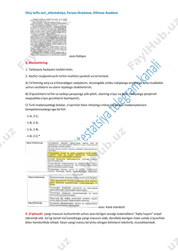 2-c;* asos: kasb standarti 4. o'qituvchi yangi mavzuni tushuntirish uchun asos bo'lgan avvalgi materiallarni "aqliy hujum" orqali takrorlab oldi. so'ng tanish ma'lumotlarga yangi mavzuni ulab, darslikda berilgan matn ustida o'quvchilar bilan hamkorlikda ishladi. keyin yangi mavzu bo'yicha olingan bilimlarni tekshirib, mustahkamladi. oliy toifa sari_attestatsiya, feruza ikramova, dilnoza asadova dars so'ngida olingan bilimlarga qo'shimcha internetdan ma'lumot to'plab kelishni buyurdi: bunda o'qituvchi darsning qaysi turidan foydalandi? - ko'nikma va malakalarni ishlab chiqish darsi; - olingan bilimlarni tekshirish darsi; - aralash (kombinatsiyalangan) dars; - yangi materiallar bilan tanishish darsi;* asos : xoliqov 5. moslashtiring. 1) onlayn ta'lim 2) muammoli ta'lim a) texnika vositalaridan foydalanish orqali bilim va malakalarni egallash shakli. bu kompyuter yoki mobil qurilma orqali o'qishdir. b) o'quvchi ilmiy qarama-qarshiliklarga duch keladigan va ularni mustaqil ravishda hal qilishga harakat qiladigan o'rganish usuli. c) ta'lim nazariyasining o'quv faoliyatining kattalar subyekti tomonidan bilim va ko'nikmalarni o'zlashtirishning o'ziga xos tomonlarini ochib beradigan bo'lim. - 1-b, …