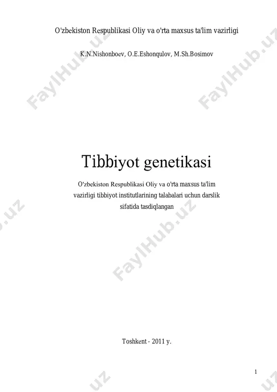 rning kelib chiqish sabablarini, irsiylanish tiplarini, populyatsiyada tarqalishini, molekula va hujayra darajasida sodir bo‘ladigan jarayonlarni o‘rganadi. tibbiyot genetikasining asosiy qismi klinik genetika bo‘lib, u irsiy kasalliklarning etiologiyasini, patogenezini, klinikasini, diagnostikasini, davolash va profilaktikasi yo‘llarini o‘rganadi. irsiyatning asosiy qonuniyatlarini puxta o‘zlashtirish shifokorlik amaliyotida juda katta ahamiyatga ega. shuni alohida ta`kidlash lozimki, irsiy omillar irsiyatga aloqasi yo‘qday tuyuladigan ko‘pgina irsiymas kasalliklar patogeneziga katta ta`sir ko‘rsatishi aniqlanmoqda. hatto sil, bezgak, qora chechak, o‘lat kabi yuqumli kasalliklarning populyatsiyalarda tarqalishi, irsiyatga aloqador ekanligi aniqlandi. tibbiyot genetikasi juda tez rivojlanib borayotgan fanlar qatoriga kiradi. 1978 yilda moskva shahrida o‘tkazilgan xiv xalqaro genetika kongressida 2500ga yaqin irsiy kasalliklar mavjudligi, 4,5-5% ga yaqin chaqaloqlarning irsiy jihatdan har xil o‘zgarishlar bilan tug‘ilishi ta`kidlangan edi. hozirga kelib irsiy kasalliklarning soni yanada ko‘payganligi, ular sonini 7000 ga yaqinlashgani aniqlandi. har yili 100 ga yaqin irsiy kasalliklar aniqlanmoqda. buning sabablaridan biri odam genetikasi, fiziologiyasi va biokimyosining tobora chuqur o‘rganilishi, diagnostika usullarining yanada …