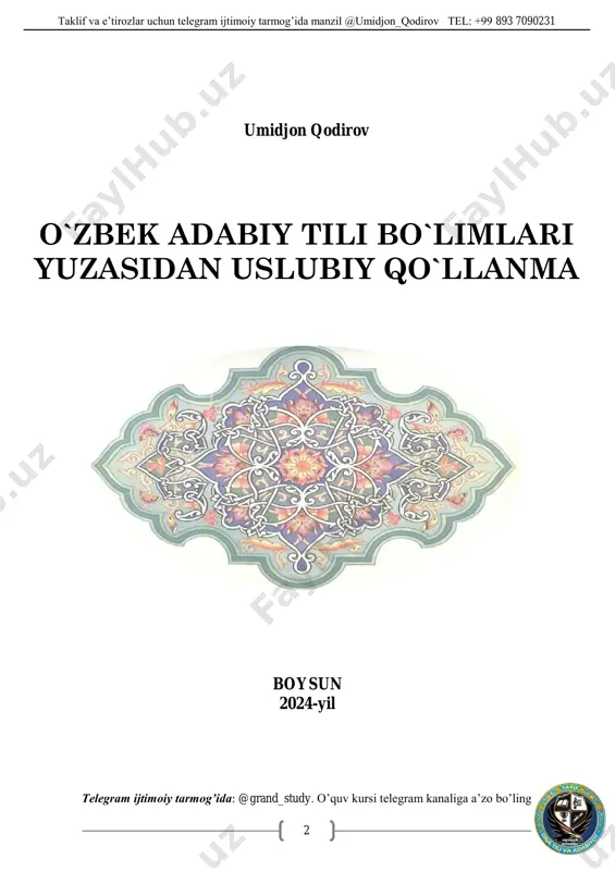 turkumi……………………………………………………………………………………………… 90 ravish so`z turkumi……………………………………………………………………………………………… 94 olmosh so`z turkumi………………………………………………………………………………………….… 98 yordamchi so`z turkumi____________________________________________________________ 104 bog`lovchi………………………………………………………………………………………………………..104 ko`makchi………………………………………………………………………………………………………..109 yuklama……………………………………………………………………………………………………….…115 oraliqdagi so`z turkumlari________________________________________________________ 118 modal so`z turkumi………………………………………………………………………………………………118 taqlid so`z turkumi………………………………………………………………………………………………119 undov so`z turkumi………………………………………………………………………………………………120 sintaksis_____________________________________________________________________________ 121 so`z birikmasi…………………………………………………………………………………………………… 124 gap va gap bo`laklari haqida ma’lumot………………………………………………………………………… 132 gap bo`laklari…………………………………………………………………………………………………….137 gapning ajratilgan va uyushiq bo`laklari…………………………………………………………………………145 gap bo`laklari bilan aloqaga kirishmaydigan bo`laklar……………………………………………………… 147 qo`shma gap…………………………………………………………………………………………………….. 149 punktuatsiya________________________________________________________________________ 157 matn-eng yirik sintaktik birlik_____________________________________________________164 uslub___________________________________________________________________________________166 taklif va e’tirozlar uchun telegram ijtimoiy tarmog’ida manzil @umidjon_qodirov tel: +99 893 7090231 telegram ijtimoiy tarmog’ida: @grand_study. o’quv kursi telegram kanaliga a’zo bo’ling 4 fonetika nutq tovushlari ikkiga bo`linadi unli tovushlar undosh tovushlar talaffuzda o`pkadan kelayotgan havo oqimi nutq a’zolarida to`siqqa uchramaydi talaffuzda o`pkadan kelayotgan havo oqimi nutq a’zolarida to`siqqa uchraydi bo`g`in hosil qila oladi bo`gin hosil qila olmaydi urg`u oladi urg`u olmaydi faqat un(ovoz)dan iborat bo`ladi ovoz va shovqindan(jarangli) yoki faqat shovqi