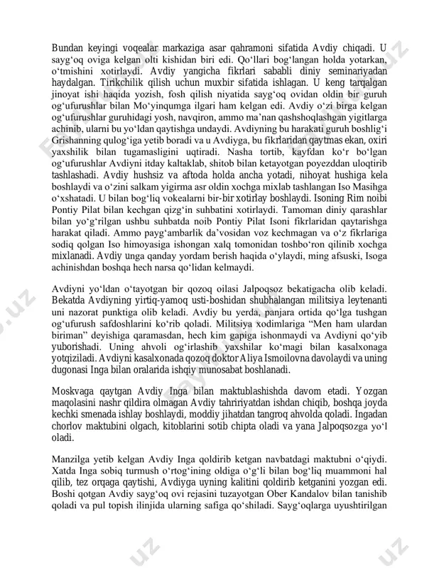 ham, bolalari ham insonlar boshlab yuborgan sayg‘oq ovi to‘lqiniga qorishib ketadi. bu dahshatli talotumdan omon chiqish amri mahol edi. tajribali va chapdast akbara bilan toshchaynargina bu qirg‘inbarotdan arang tirik chiqa oladi. uchala bolasi esa nobud bo‘ladi. holdan toygan akbara va toshchaynar imkon qadar bu yerdan uzoqlarga yo‘l oladi. sayg‘oq ovi uchun guruh bilan birga kelgan keyin bu qirg‘inbarotning to‘g‘ri emasligini anglab, buni guruhdagilarga ham tushuntirishga harakat qilgan avdiy safdoshlarining keskin noroziligiga uchrab, jazolash uchun qo‘l-oyog‘i bog‘lanib, yuk mashinasida qoniga belanib yotgan sayg‘oqlar orasiga tashlanadi. bundan keyingi voqealar markaziga asar qahramoni sifatida avdiy chiqadi. u sayg‘oq oviga kelgan olti kishidan biri edi. qo‘llari bog‘langan holda yotarkan, o‘tmishini xotirlaydi. avdiy yangicha fikrlari sababli diniy seminariyadan haydalgan. tirikchilik qilish uchun muxbir sifatida ishlagan. u keng tarqalgan jinoyat ishi haqida yozish, fosh qilish niyatida sayg‘oq ovidan oldin bir guruh og‘ufurushlar bilan mo‘yinqumga ilgari ham kelgan edi. avdiy o‘zi birga kelgan og‘ufurushlar guruhidagi yosh, navqiron, …
