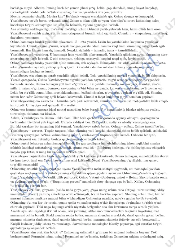 k qilmaydi – karvonning yo‘lini to‘smaydi, yomonlarni talaydi-yu, yaxshilarga ziyon yetkazmaydi. uning o‘g‘riligidan yaxshilarga foyda yetsa yetadiki, zarar yetmaydi. roman voqealaridan yana bir haqiqat ayon bo‘ladiki, o‘g‘rilik va to‘g‘rilik deganlari aslida g‘oyat nisbiy gaplar ekan. sirasini aytganda, yozuvchilik yaxshiboyevning ishi emas edi. lekin u bundan hech hijolat tortib o‘tirmasdan, chorasini topadi – ijod sohasiga qaroqchilik ilmi, ba’zi jurnalistlarimiz iborasi bilan aytadigan bo‘lsak, amaliyotini joriy etadi. ikki do‘st (hozircha do‘st deb turamizda endi) suhbatlarining birida oshno yozishga hech qo‘li bormayotganidan noliydi. yaxshiboyev masalani xaspo‘shlab o‘tirmasdan, eslasang, biz u paytlarda non uchun yozardik, deb qo‘yaqoladi. bu gap oshnoning nafsoniyatiga tegadi. darrov vaziyatni yumshatishga o‘tadi, bekor gap, ko‘ngil uchun ham yozgan paytimiz bo‘lgan, deydi. yaxshiboyev yana, tap tortmasdan, dangal gapirib qo‘yaqoladi: “orifiy ham ko‘ngil uchun yozadi… ko‘ngil bir chaqaga arzimasligi ham mumkin”. oshno noiloj zohiran silliq, botinan qutqu so‘zlar bilan javob berishga majbur bo‘ladi: “qo‘y bu gaplarni, yarashmas ekan. ha, aytganday, bu gaplarni …