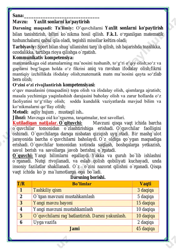 bo`ladi. darsning borishi. t/r bo’limlar vaqti 1 tashkiliy qism 3 daqiqa 2 o`tgan mavzuni mustahkamlash 5 daqiqa 3 yangi mavzu bayoni 15 daqiqa 4 yangi mavzuni mustahkamlash 10 daqiqa 5 o`quvchilarni rag`batlantirish. darsni yakunlash. 10 daqiqa 6 uyga vazifa 2 daqiqa jami 45 daqiqa darsning oltin qoidalari bilan tanishamiz. siz ularni bilasizmi ularni birma bir sanab o’tamiz va ularga rioya etamiz. matematika faniga xissa qo’shgan olimlar haqida ma’lumotlar tinglaymiz matematika faniga xissa qo’shgan olimlar iii.yangi mavzu bayoni: 1. qandolatchilik fabrikasida bir kunda 40 kilogramm konfet tayyorlanadi. haftaning besh ish kunida qancha konfet tayyorlanadi? shunday ikki haftada- chi? 1 kunda tayyorlanadi — 40 kg konfet ish kuni — haftada 5 kun 1 haftada tayyorlanadi — ? kg k. 2 haftada tayyorlanadi — ? kg k. 40•5=200 (kg) 200•2=600 (kg) 2. bayram kunlari meva va shirinliklar savdosini aks ettiruvchi grafikni koʻrib chiqing. a) yangi yilda necha kilogramm shirinlik sotilgan? shirinliklar 400 kg …