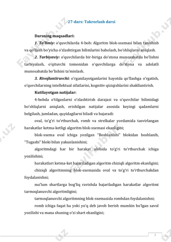 ʼzan umumiy holda, oʻqituvchi tomonidan samarali ragʻbatlantirish vositalarini yaratishdan iborat boʻlib, buning natijasida taʼlim va tarbiya jarayoni rivojlanadi hamda unda kutilgan oʻzgarishlar/dinamika sodir boʻladi. har qanday pedagogik loyihaning oraliq yoki yakuniy bosqichida oʻqituvchi analitik funksiyasini bajaradi, uning asosiy mazmuni oʻz taʼlim- tarbiyaviy ishining samaradorligini tahlil qilish, yuqori yoki pastmi, qayerda va nima uchun muammolar paydo boʻlganligi, bundan kelajakda qanday xatolardan qochish kerak degan, savollarga javob beradi/oladi. asosiy qism (30 daqiqa). oʻquvchilarga ish daftarining 62-63-betlarida berilgan nazorat ishida keltirilgan savollarga berilgan 3 variantdagi javoblar ichidan toʻgʻrisini topib, belgilab chiqish taklif etiladi. yakunlash: oʻquvchilar nazorat ishini belgilangan muddatdan oldin bajarib boʻlsa, ular bilan “quvnoq daqiqalar” ni tashkil etish mumkin. 5-bob: kompyuter bilan tanishuv. 28-dars: kompyuterlar. darsning maqsadlari: 1. taʼlimiy: oʻquvchilarda kompyuterlar haqida tushuncha va bilimlarni shakllantirish. 2. tarbiyaviy: oʻquvchilarda bir-biriga doʻstona munosabatda boʻlishni tarbiyalash, oʻqituvchi tomonidan oʻquvchilarga doʻstona va adolatli munosabatda boʻlishini taʼminlash. 4 3. rivojlantiruvchi: oʻrganilayotganlarini hayotda qoʻllashga oʻrgatish, oʻquvchilarning intellektual …