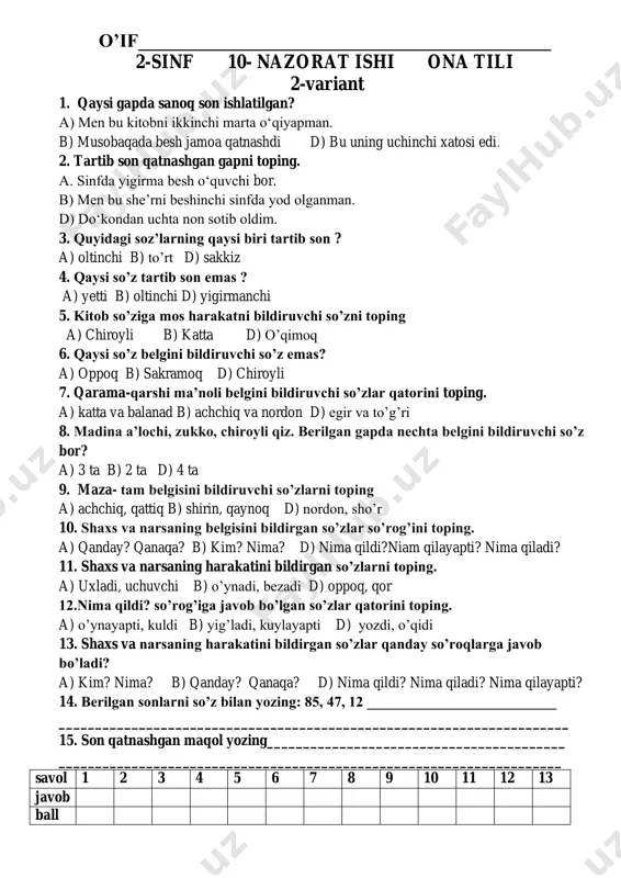 _________ 2-sinf 10- nazorat ishi ona tili 2-variant 1. qaysi gapda sanoq son ishlatilgan? a) men bu kitobni ikkinchi marta o‘qiyapman. b) musobaqada besh jamoa qatnashdi d) bu uning uchinchi xatosi edi. 2. tartib son qatnashgan gapni toping. a. sinfda yigirma besh o‘quvchi bor. b) men bu she’rni beshinchi sinfda yod olganman. d) do‘kondan uchta non sotib oldim. 3. quyidagi soz’larning qaysi biri tartib son ? a) oltinchi b) to’rt d) sakkiz 4. qaysi so’z tartib son emas ? a) yetti b) oltinchi d) yigirmanchi 5. kitob so’ziga mos harakatni bildiruvchi so’zni toping a) chiroyli b) katta d) o’qimoq 6. qaysi so’z belgini bildiruvchi so’z emas? a) oppoq b) sakramoq d) chiroyli 7. qarama-qarshi ma’noli belgini bildiruvchi so’zlar qatorini toping. a) katta va balanad b) achchiq va nordon d) egir va to’g’ri 8. madina a’lochi, zukko, chiroyli qiz. berilgan gapda nechta belgini bildiruvchi so’z bor? a) 3 ta b) 2 …