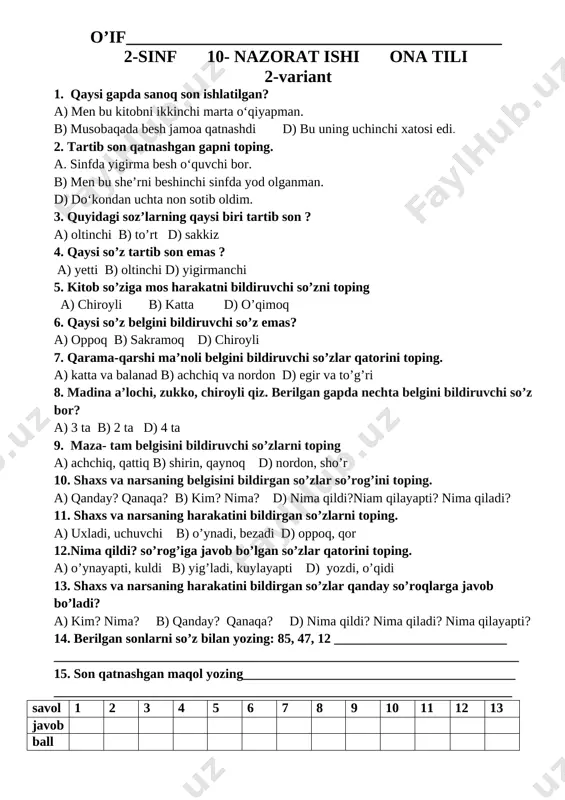 _________ 2-sinf 10- nazorat ishi ona tili 2-variant 1. qaysi gapda sanoq son ishlatilgan? a) men bu kitobni ikkinchi marta o‘qiyapman. b) musobaqada besh jamoa qatnashdi d) bu uning uchinchi xatosi edi. 2. tartib son qatnashgan gapni toping. a. sinfda yigirma besh o‘quvchi bor. b) men bu she’rni beshinchi sinfda yod olganman. d) do‘kondan uchta non sotib oldim. 3. quyidagi soz’larning qaysi biri tartib son ? a) oltinchi b) to’rt d) sakkiz 4. qaysi so’z tartib son emas ? a) yetti b) oltinchi d) yigirmanchi 5. kitob so’ziga mos harakatni bildiruvchi so’zni toping a) chiroyli b) katta d) o’qimoq 6. qaysi so’z belgini bildiruvchi so’z emas? a) oppoq b) sakramoq d) chiroyli 7. qarama-qarshi ma’noli belgini bildiruvchi so’zlar qatorini toping. a) katta va balanad b) achchiq va nordon d) egir va to’g’ri 8. madina a’lochi, zukko, chiroyli qiz. berilgan gapda nechta belgini bildiruvchi so’z bor? a) 3 ta b) 2 …