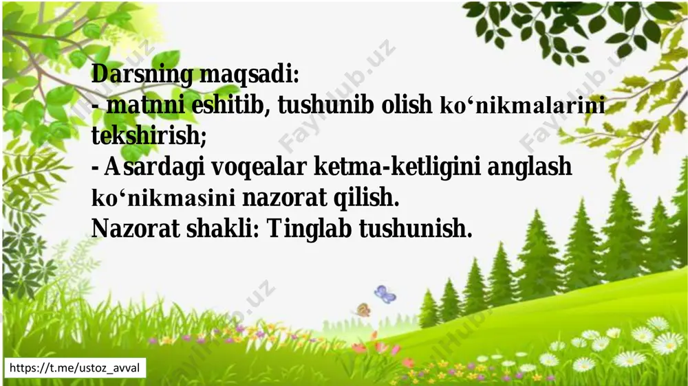 nimjonlashib, sarg‘ayib ketibdi. don solishga ham ulgurmabdi. hasharotlar haddan ortiq ko‘payib ketganidan butun hosilni yeb bitiribdi. qushlar aytganidek, ayiqvoy bir kaft ham sholi ololmabdi. keyin “endi qishni qanday o‘tkazaman”, – deb qattiq tashvishga tushibdi. https://t.me/ustoz_avval “qushlarning aytganicha bor ekan. shunda indamaganimda, sholini hasharotlardan tozalab, ularning ham qorni to‘ygan bo‘lardi, mening ham”, – deb, qizg‘anchiqlik qilganidan pushaymon bo‘libdi. qushlarning ham bu tabiatda o‘z o‘rni borligini tushunib yetibdi. alamiga chidolmay, qish kelganda qattiq uyquga ketibdi. shu-shu ayiq har yili qish faslida uyquga ketib, bahorda uyg‘onadigan va qaytib sholi ekmaydigan, osh yemaydigan bo‘libdi. (“gulxan” jurnalidan) https://t.me/ustoz_avval matn yuzasidan topshiriqlar. 1. ayiqpolvon nima uchun sholi ekishga qaror qildi? a.u sholi ekib, uni do‘stlariga berishni xohladi. b.u sholi ekib, uni o‘ziga osh qilish uchun yig‘moqchi edi. c.u sholi ekib, boshqa hayvonlardan himoya qilish uchun edi. d.u sholi ekib, bahorda uni yig‘ish uchun edi. https://t.me/ustoz_avval 2. ayiqpolvonning sholi ekilgan dala ustida turishidagi maqsad nima edi? a.sholiga …